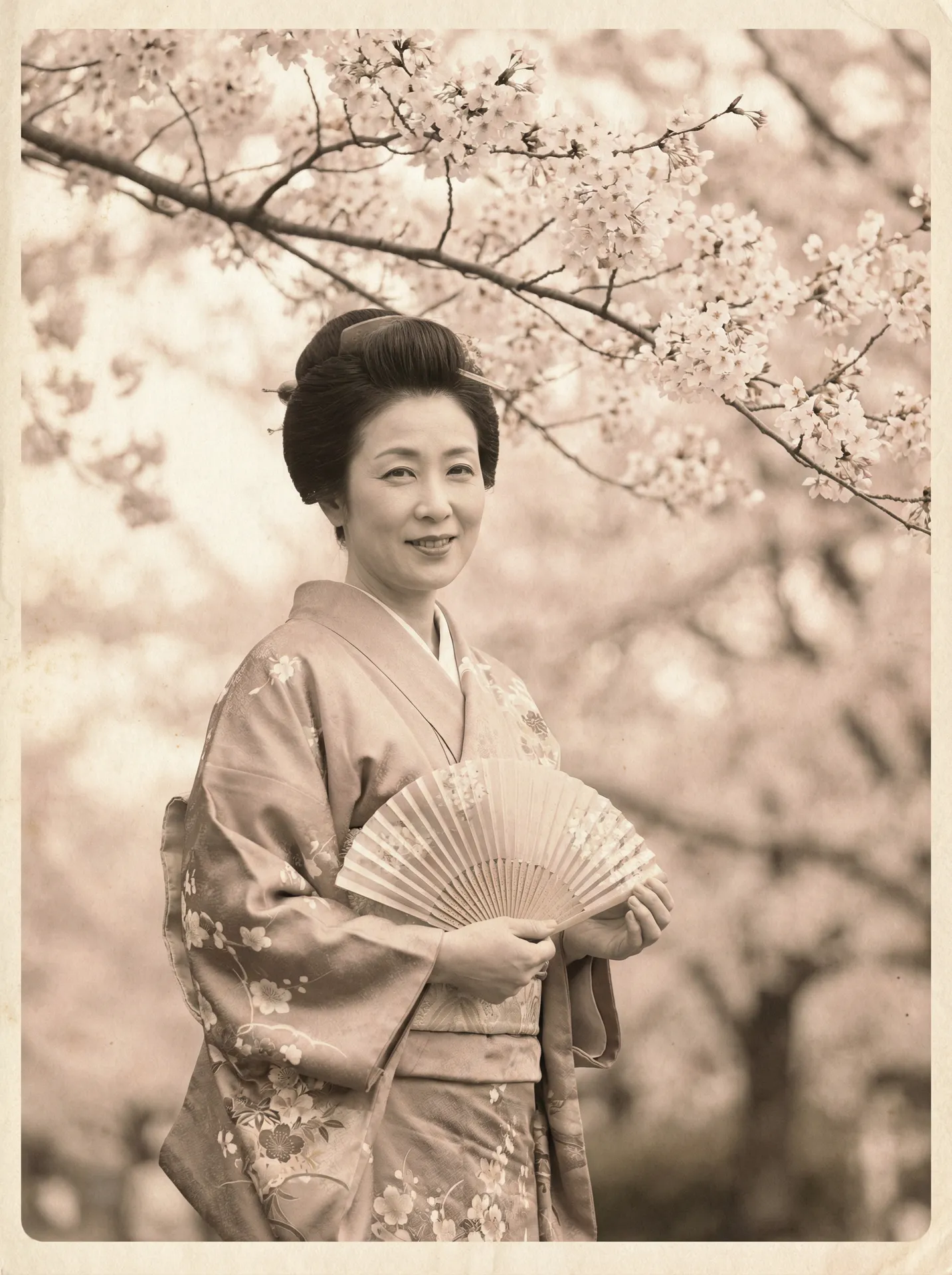 一位持扇的优雅 糖心视频 在樱花树下的复古写真